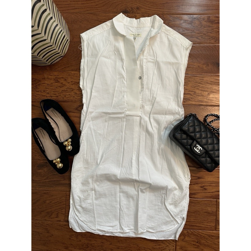 Rag & Bone White Cotton Cupro Shirt Dress 4 Grosgrain Trim Sleeveless Popover